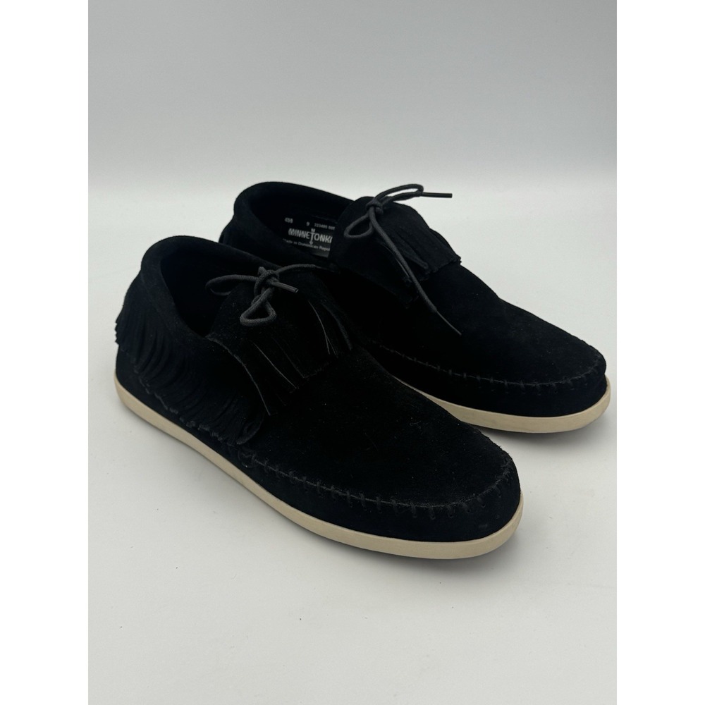 Minnetonka Women's 9 Venice Fringe Black Suede Moccasin Shoes Narrow Casual